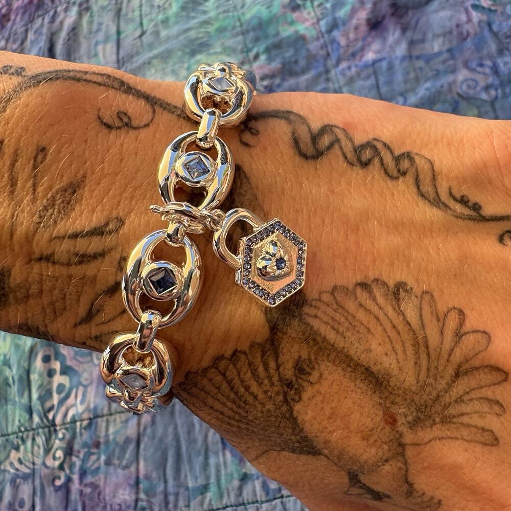 Bauble Bar Silver Charm Heart Blue Stone Bracelet Chunky